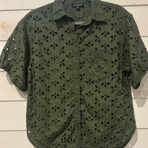 J. Crew Eyelet Olive Green Spring Garden Top Blouse Button Down Size 6 - Picture 2 of 13